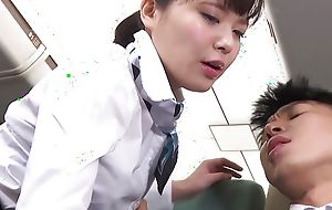 Japanese stewardess Haruka Miura blows a coming hard cock uncensored.