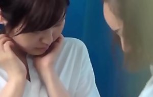 Japanese legal age teenager lesbian babes outside get spied on