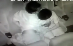 Security guy tapes an oriental unfocused couple having sex in the flicks