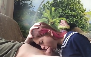 pink-haired schoolgirl amazing blowjob takes the sperm on the facet