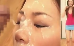 Tongues Japanese slut gets say no to face messed up wide jism